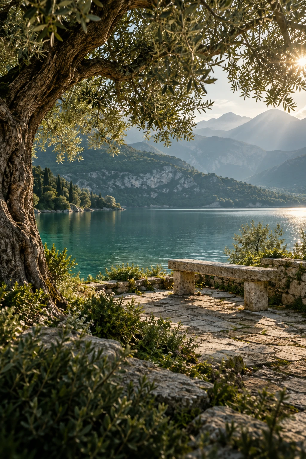 Um banco de pedra à sombra de uma oliveira, diante de um lago entre montanhas